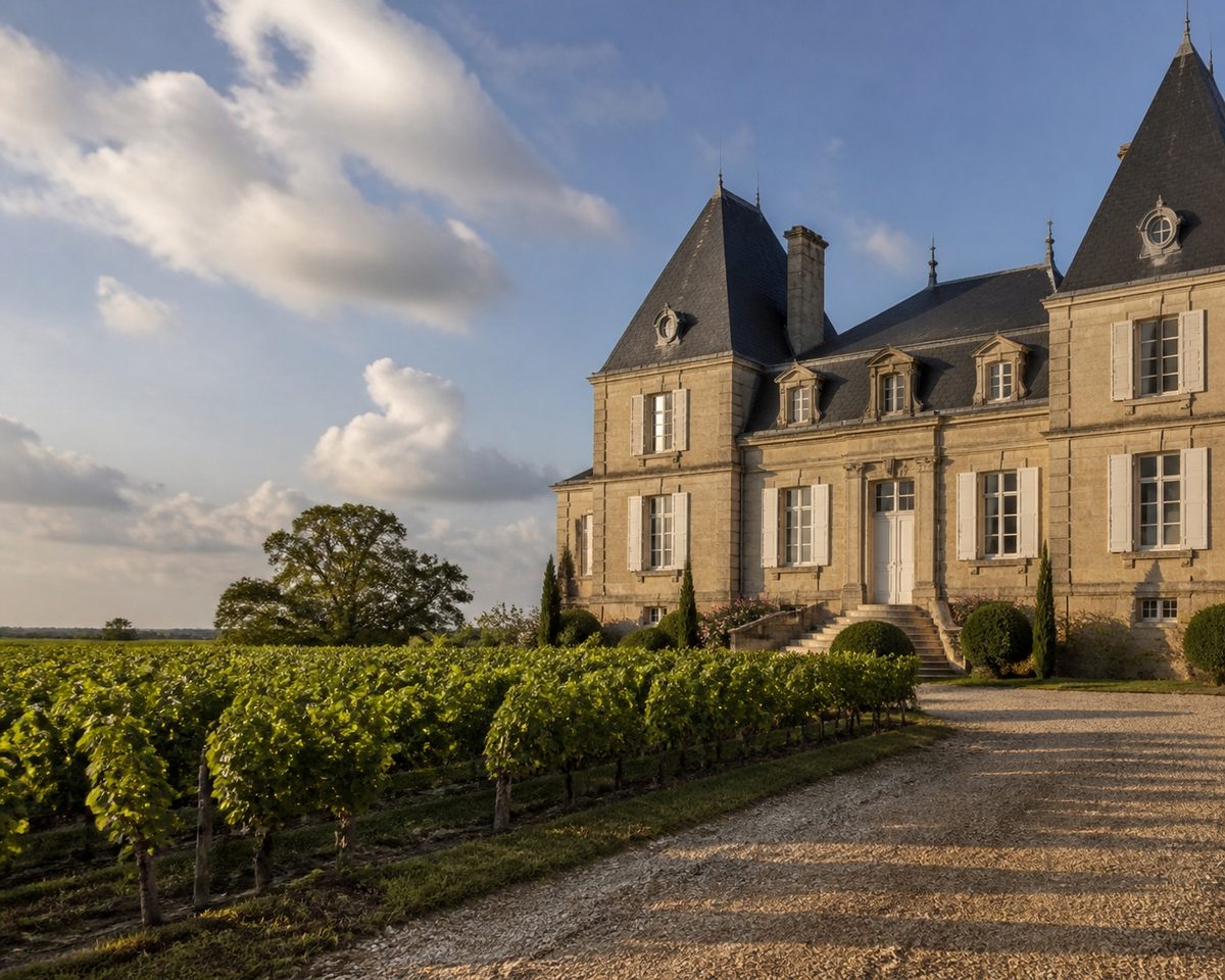 Château and vineyard rows in Bordeaux