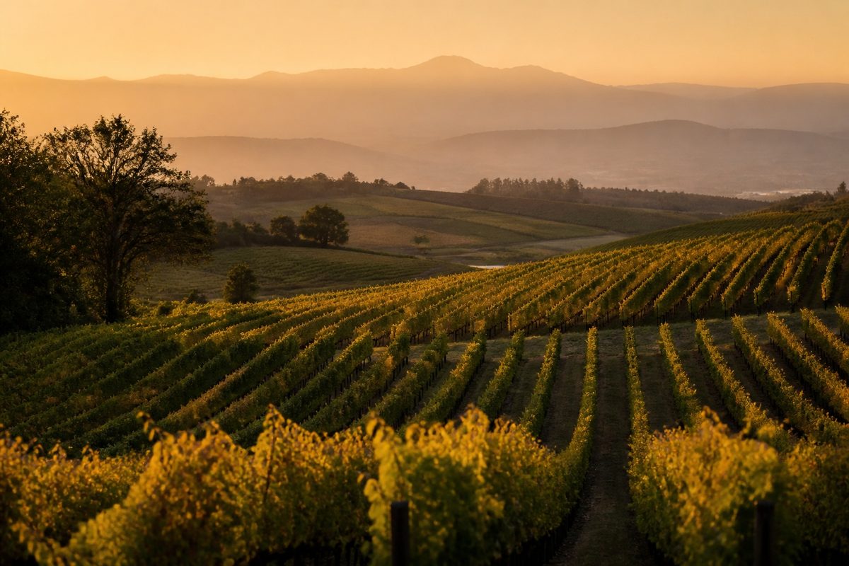 Napa Valley vineyard at dusk