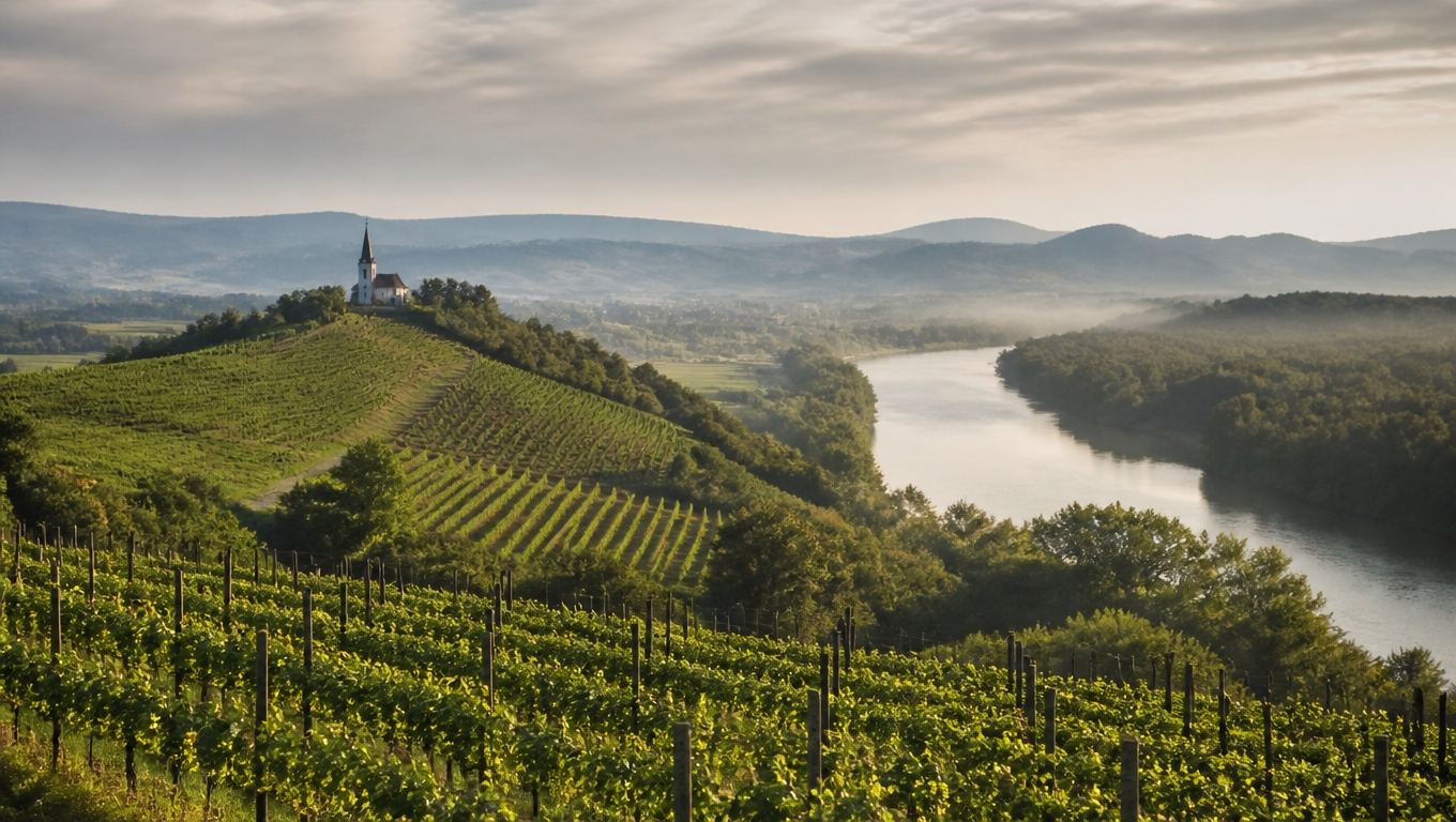 Misty vineyard hills of the Posavje region along the Sava river